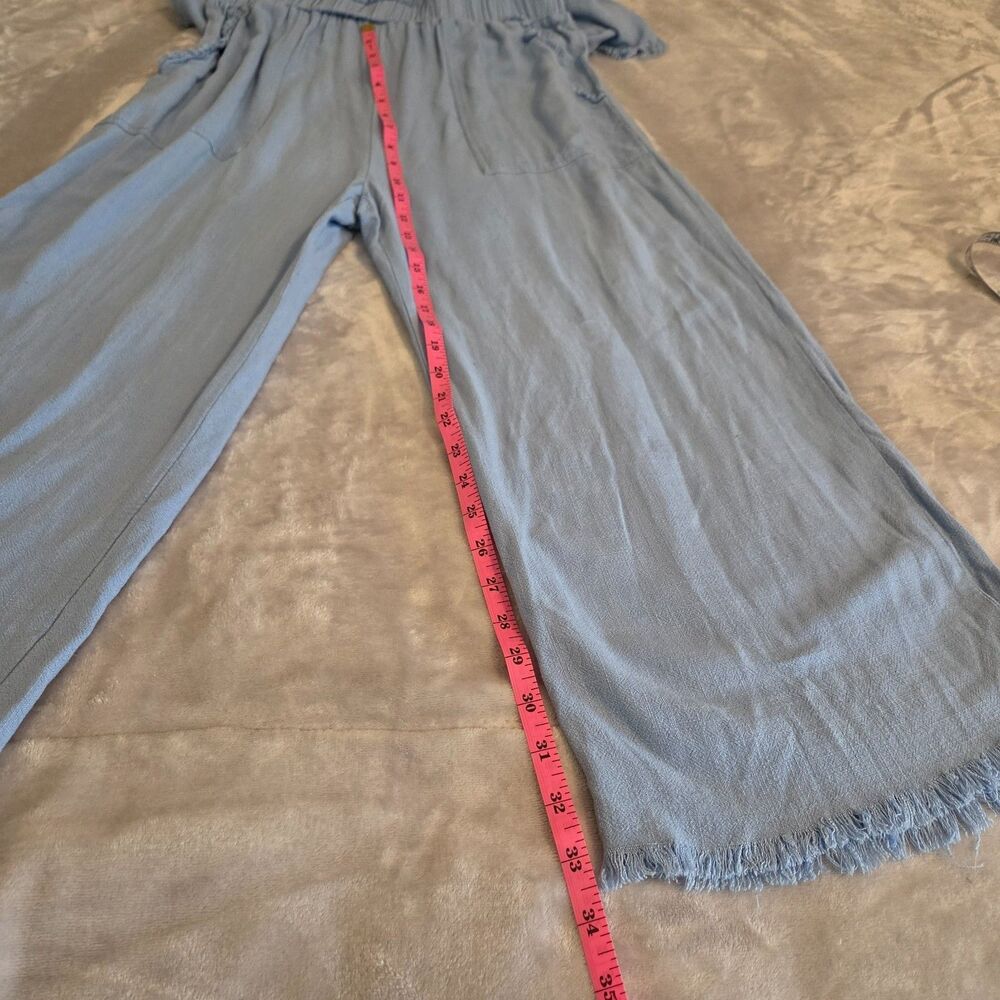 Umgee Womens MEDIUM Dusty Blue Frayed Edge Wide Leg Jumpsuit - Picture 8 of 8